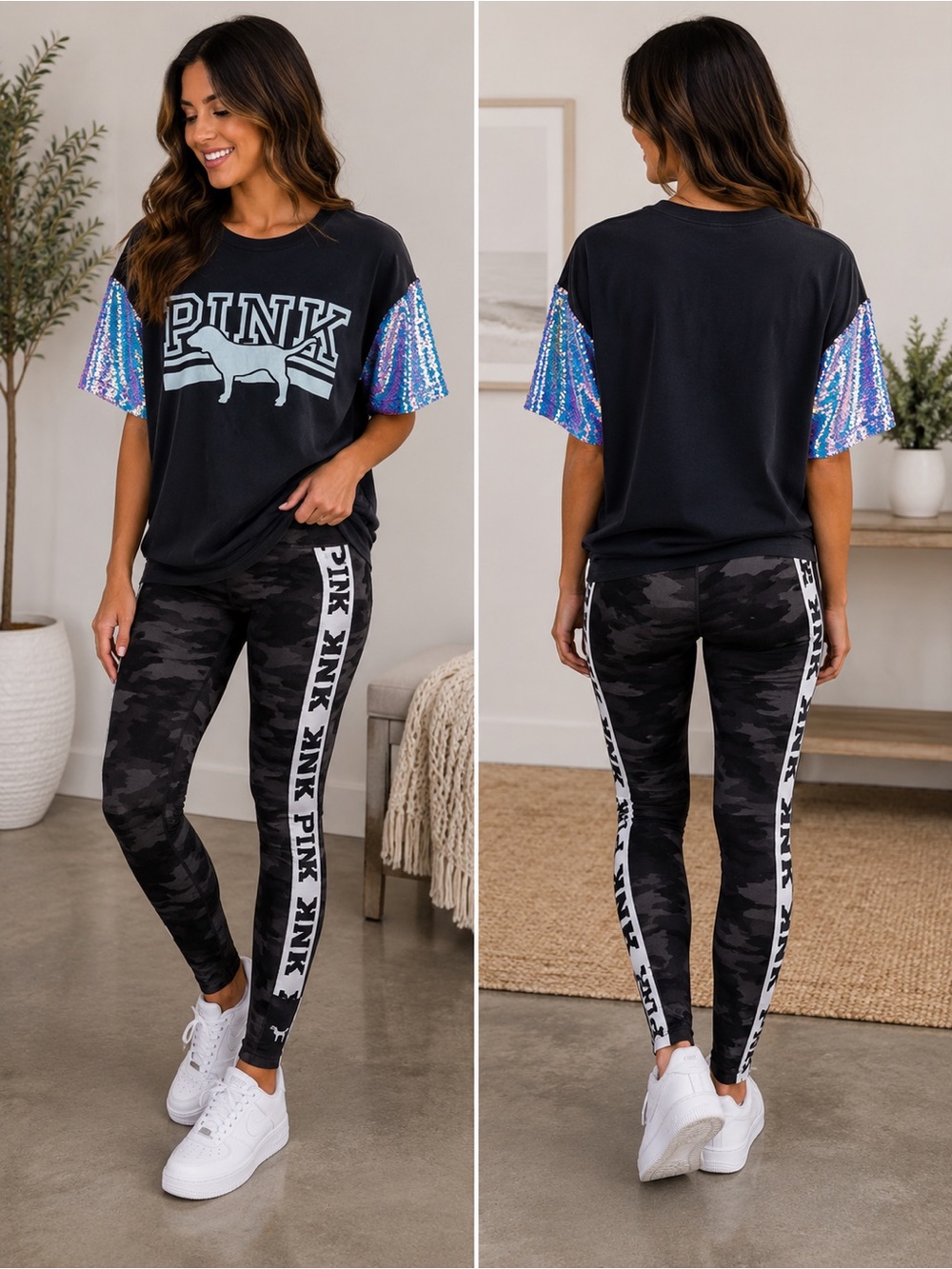 PINK Victoria's Secret Black Sequin-Sleeve Tee & Camo Leggings Set